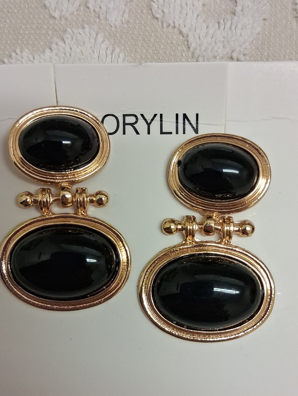 Gold-Tone Black Oval Door Knocker Earrings - Costume